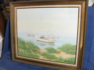 Cape Cod Bayside Vintage Painting By James Maddocks  Moored Sailboats In Fog     • $395