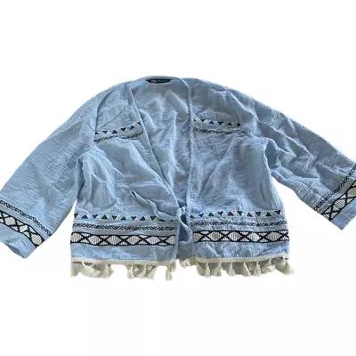 Zara Cardigan Womens Medium Blue Tasseled Hem Tie Front Boho Embroidered Top • $11.99