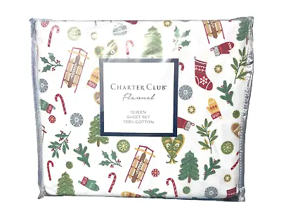 Charter Club Luxe 100% Cotton Flannel 4 Piece Sheet Set Holiday Icons Queen $140 • $71.99
