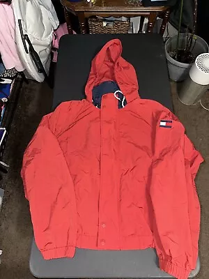 VINTAGE TOMMY HILFIGER  PULLOVER Rain JACKET Red MENS XL  Hooded EXCELLENT • $1