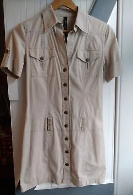 Vintage Shirt Dress River Island Tailored Military Style Beige Khaki Short 10 • £3.50