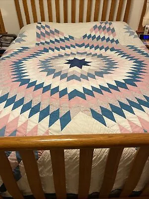 $59.99 • Buy Lone Star Quilt- 98  X 100” Hand Sewn And Machine Sewn Blues Pinks, Light Damage