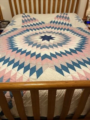 $115 • Buy Lone Star Quilt- 98  X 100” Hand Sewn And Machine Sewn Blues Pinks, Light Damage