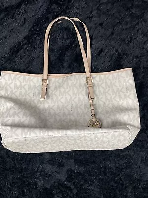 Michael Kors Large Jet Set Logo Monogrammed Travel Tote Purse Vanilla Tan • $49.99