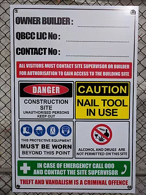 SIGN CONSTRUCTION SITE OWNER BUILDER CORFLUTE SAFETY 900 X 600 MM -5MM FAST POST • $61.96