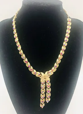 Pink AB Rhinestone Negligee Necklace Gold Plated Dangles Vintage Jewelry • $32.50