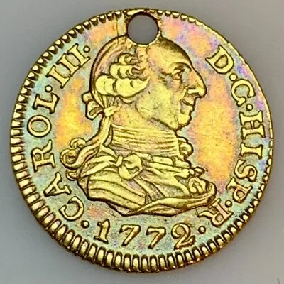 1772 P.J. Madrid Spain 1/2 Gold Escudo RAINBOW TONING Colonial Era: Holed • $397