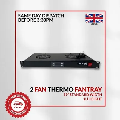 1U Thermostatic Fan Tray 19 Inch 2 Fan Rack Mount Unit UK Plug Data Cabs • £54.60