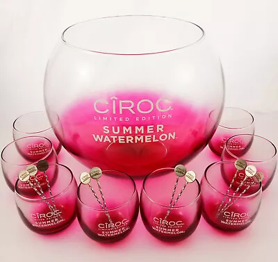 Ciroc LE Watermelon Glass Party Punch Bowl Set W 8 Cups And 10 Cocktail Sticks • $224.99