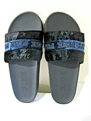 NEW Victoria Secret Pink LUXE VELVET VELOUR BLACK BLUE SLIDE SANDAL FLIP FLOP M • $38.99