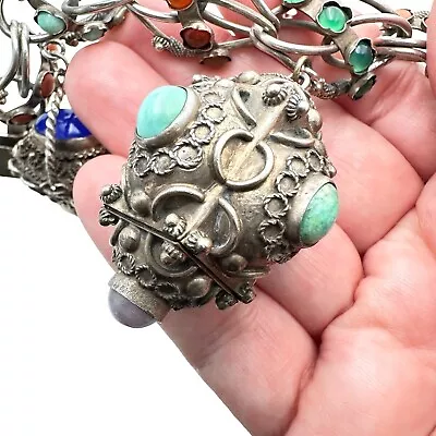 Vintage Italian Etruscan Revival 800 Fine Silver Real Gemstone Huge Fob Bracelet • $449.99