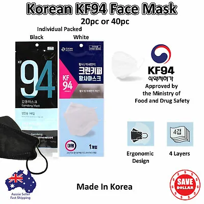 KF94 Disposable Face Mask Sheet Packed Comfortable Black White 20/40p Korea Made • $53.25