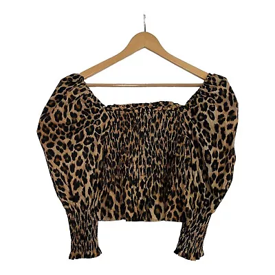 Zara Brown Animal Leopard Print Cropped Blouse Puff Sleeve Small S • $13.84