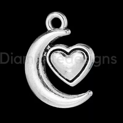 Tibetan Silver 17mm Moon And Heart Charms Jewellery Pendants Craft Beading • £2.19
