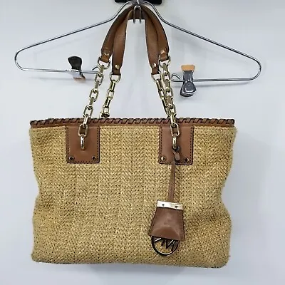 Michael Kors Rosalie Woven Straw And Leather Tote Purse Bag • $48