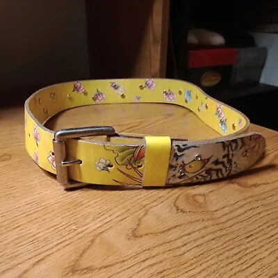 Ed Hardy Belt Yellow Spell Out Tiger Floral Handmade Leather Rhinestone S • $39.50