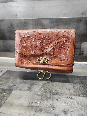 Hand Tooled Leather Calf Hide Reversible Clutch Purse Brass Clasp Multi Pockets  • $73.58