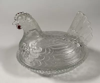 Vintage Indiana Glass Clear Hen On Nest Red Comb Candy Dish • $19.95