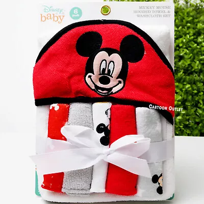 6 Pack Disney Baby Hooded Towel With Washcloths For Infant Gift Mickey Mouse • $9.86