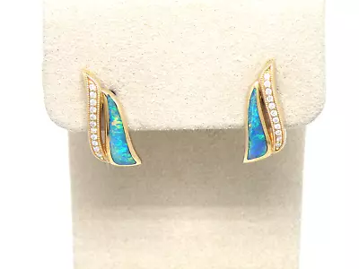 Authentic Kabana 14k Yellow Gold Premium Solid Opal Inlay Diamond  Post Earring • $2940.40