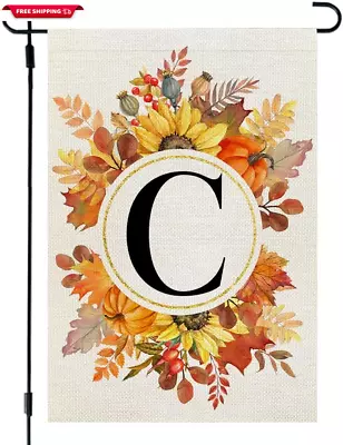 Fall Monogram Letter C Garden Flag Sunflower Pumpkin Leaves 12X18 Inch Double Si • $15.71