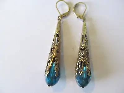 New Vintage Gold Plated Pierced Etchings-turquoise Blue Lucite Pierced Earrings • $9.99