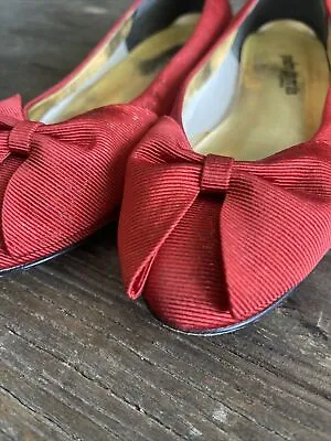 VTG.Pedro Garcia RED Satin Grosgrain Bow Pointed Toe Ballet Flats Size 7.5 • $125