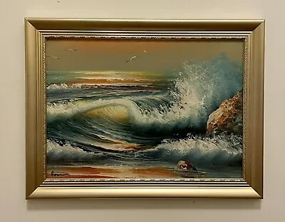 Small Oil Painting - Waves On Rocks Beach Ocean Sea 37cm X 49cm • $130