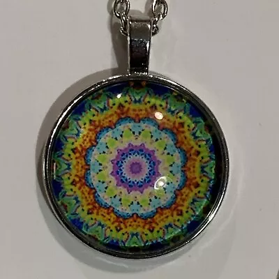 Floral Mandala Art 1” Glass Cabochon Silver Pendant 18” Necklace Jewelry Gift • $10.09