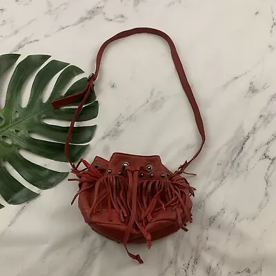 Tylie Malibu Fringe Cross Body Purse Bag Red Leather Studs Drawstring Tassle • $31.19