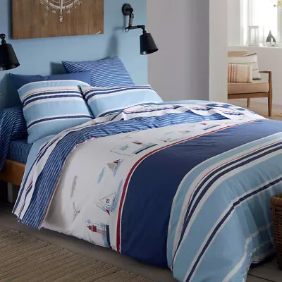 Nautical Duvet Cover Bedding Linen Set Coastal Seaside Stripe Sailing Lighthouse • £16.99