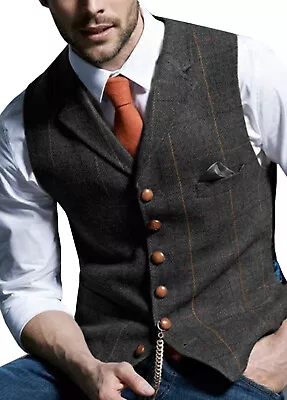 Retro Men Tweed Waistcoat Wool Blend Formal Plaid Herringbone Suit Slim Fit Vest • $19.69