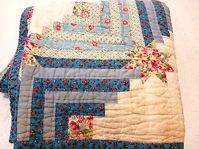 Pretty Blue White Floral Log Cabin Patchwork Quilt 1940s-Style Queen 88x92 PDK • $92