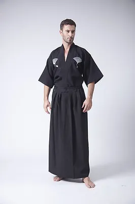 Japanese Kimono Robe Suit Men Yukata Samurai Clothing Karate Costume Black White • £35.99