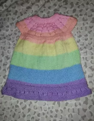 Hand Knitted Rainbow Dress In Lovely Pastel Colours Size 0-3 Months * • £7.30