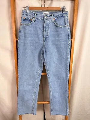 Zara Jeans Womens EUR 40 US 8 Blue Denim Straight Leg Raw Hem • $24.95