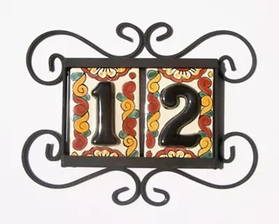 2 BLACK Mexican Tiles House Numbers High Relief & Horizontal Iron Frame • $37