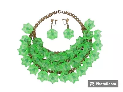 Early Miriam Haskell Green GLASS Flowers Necklace And Earrings Set (ST798) • $475