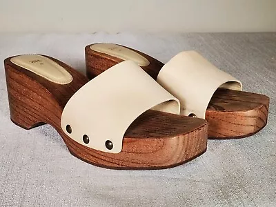 EUC ZARA Cream Leather Wooden Open Toe Clog Sandals Slides Women's US 9.5  (40) • $34.99