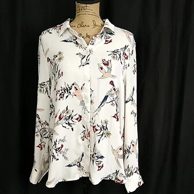 H&M Womens Sz 10 Top Ivory Floral Long Sleeve Collared Button Up • $15