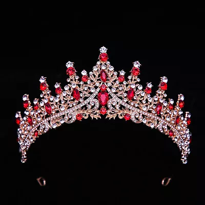 Gold Red Bride Crown Princess Rhinestone Headband Jewelry Bridal Tiaras Vintage • $15.99