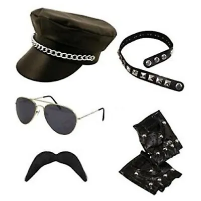 Adult YMCA/Biker/Rocker Set Unisex Hat Sunglasses Gloves Moustache Choker Kit • £17.99