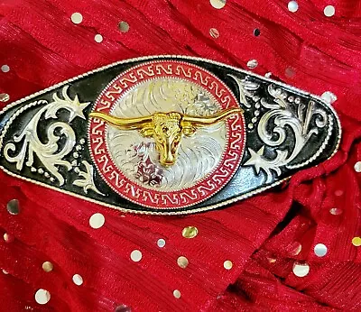 Longhorn Western Men Long Belt Buckle  7x3.5 Silver Red And Black Oblong  • $39