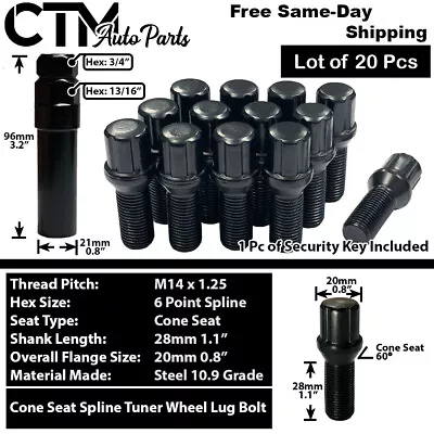 20x BMW Mini Black 14x1.25 Spline Tuner Lug Bolts 28mm Shank Fit F-Body G-Body • $26.67