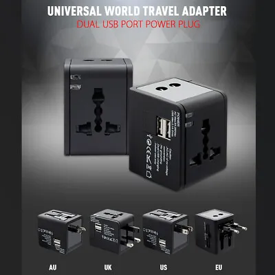 4-in-1 Universal Travel AC Power Plug Adapter EU/USA/UK/AU 100-240V Dual USB NEW • £6.99