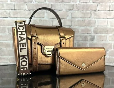 MICHAEL KORS MANHATTAN MEDIUM SATCHEL CROSSBODY SHOULDER BAG WALLET SET Metalic • $169