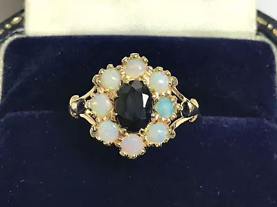 Fire Opal And Sapphire 9ct Gold Cluster Vintage Ring - Size N • $431.60