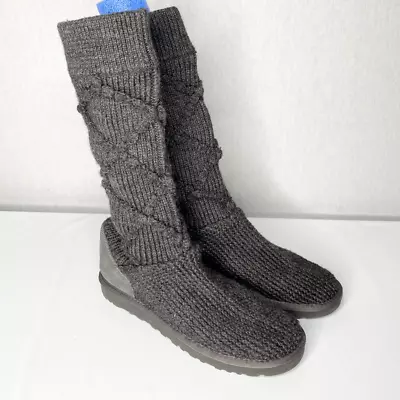 Ugg Australia Womens Classic Argyle Knit Sock Boots Gray Pull On Mid Calf Flat 9 • $56.99