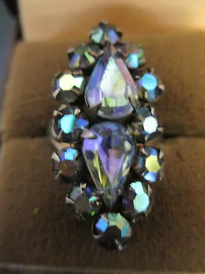 Vintage Blue Aurora Borealis Rhinestone Crystal Silver Tone Ring Size 6 Adjusta • $24.99