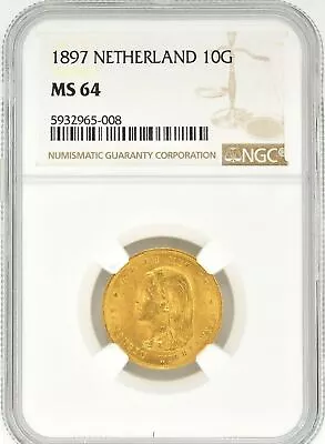 1897 Netherlands 10 Gulden Gold Coin NGC MS 64 KM 118 Wilhelmina I • $699.99